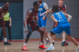 DJ Wol defending a Derby Trailblazer player. Picture credits: Joel Tshiunza