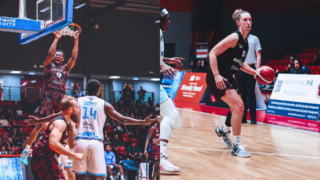 tyreese hudson dunking on the right and maria blazejewski dribbling basketball