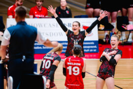 Chelsea Simmons ( 9 Essex Rebels ) celebrates scoring a point during the National Volleyball League game between Essex Rebels vs Durham Palatinates at Essex Sport Arena in Colchester, England - Picture credits: Keeran Marquis