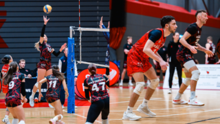on the left handside Lea Borovec is hitting the volleyball whilst jumping high in the air. On the right hand side two male volleyball players are pictured wating for the serve
