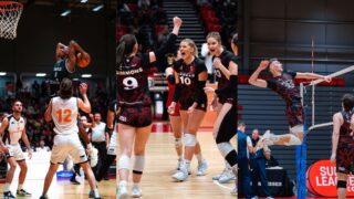 action shot from mensbasketball, women's volleyball and men's volleyball (from left to right)
