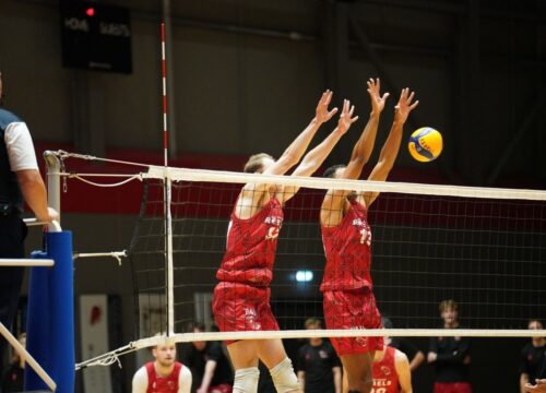 Men's Volleyball players hitting ball